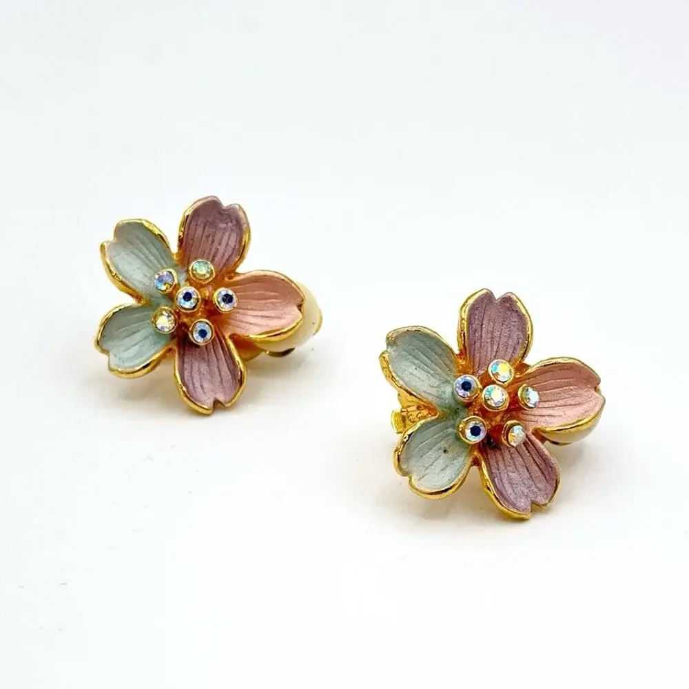Vintage Pink Purple Blue Flower Rhinestone Clip-On Earrings Estate Statement